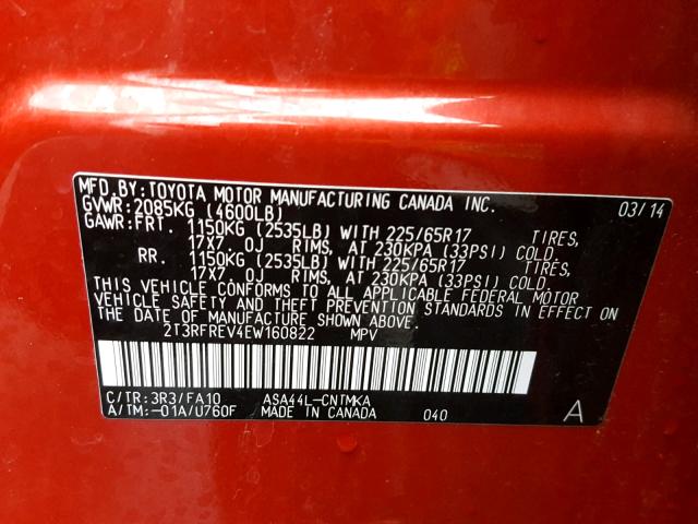 2T3RFREV4EW160822 - 2014 TOYOTA RAV4 XLE RED photo 10