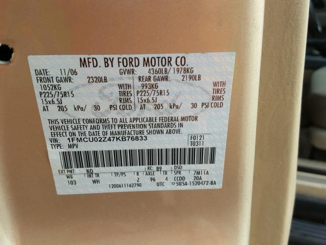 1FMCU02Z47KB76833 - 2007 FORD ESCAPE XLS BROWN photo 10