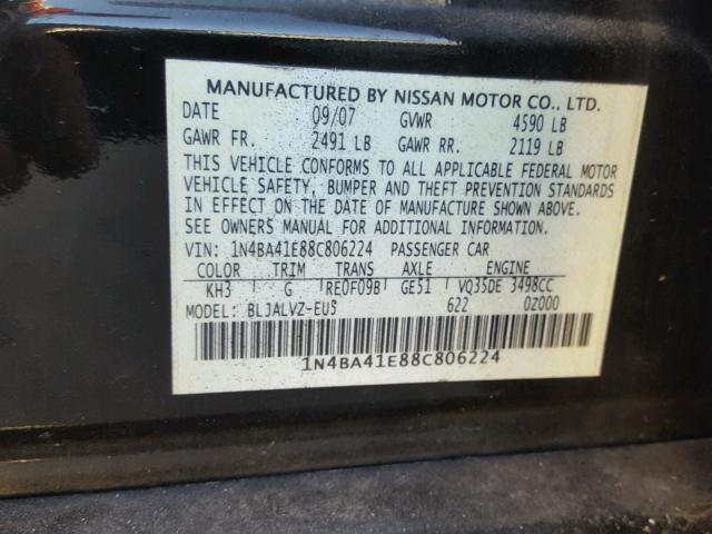 1N4BA41E88C806224 - 2008 NISSAN MAXIMA SE BLACK photo 10