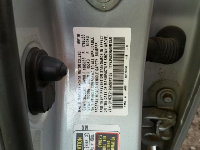 JHMZE2H75AS043162 - 2010 HONDA INSIGHT EX SILVER photo 10