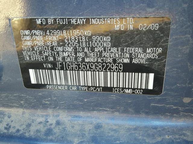 JF1GH636X9G822969 - 2009 SUBARU IMPREZA OU BLUE photo 10