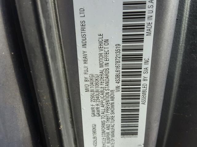 4S3BL616787213519 - 2008 SUBARU LEGACY 2.5 GRAY photo 10