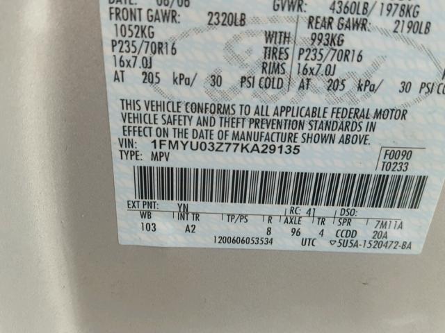 1FMYU03Z77KA29135 - 2007 FORD ESCAPE XLT SILVER photo 10