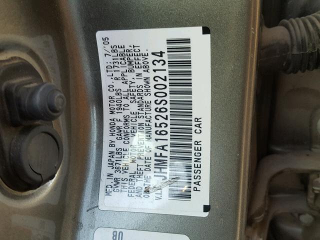 JHMFA16526S002134 - 2006 HONDA CIVIC LX GRAY photo 10