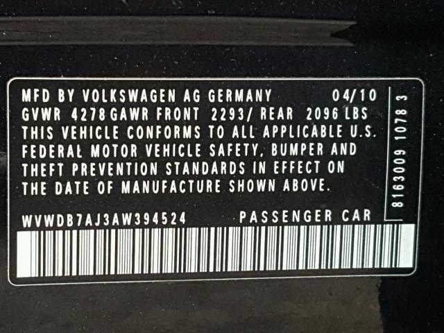 WVWDB7AJ3AW394524 - 2010 VOLKSWAGEN GOLF 黑色 照片 10