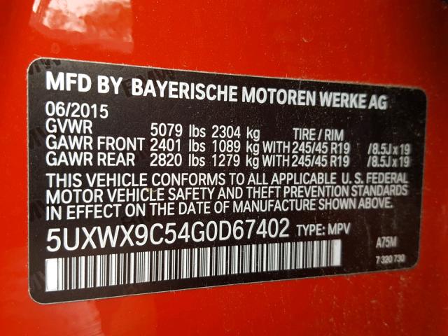 5UXWX9C54G0D67402 - 2016 BMW X3 XDRIVE2 RED photo 10