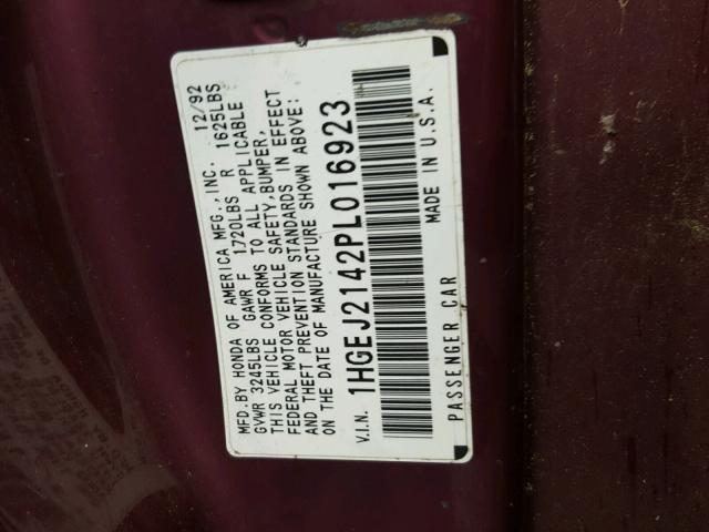 1HGEJ2142PL016923 - 1993 HONDA CIVIC DX PURPLE photo 10