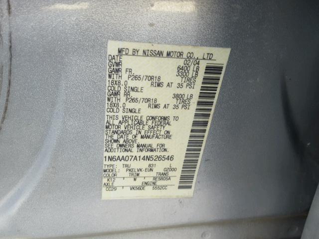 1N6AA07A14N526546 - 2004 NISSAN TITAN XE GOLD photo 10