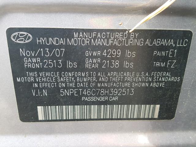 5NPET46C78H392513 - 2008 HYUNDAI SONATA GLS GRAY photo 10