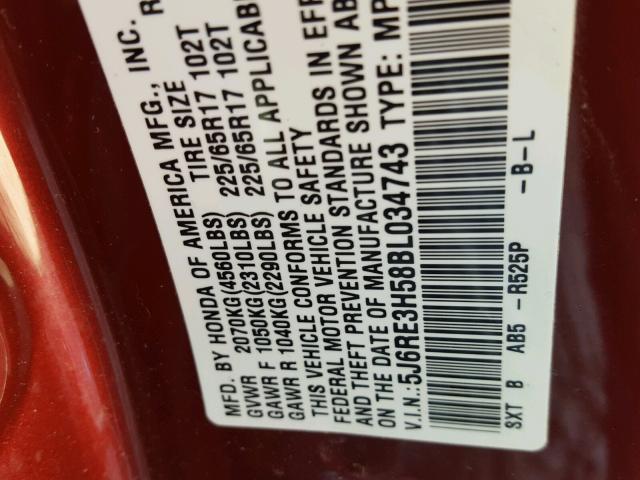 5J6RE3H58BL034743 - 2011 HONDA CR-V EX წითელი ფოტო 10