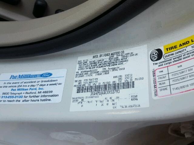 3FAHP0JAXCR433793 - 2012 FORD FUSION SEL WHITE photo 10