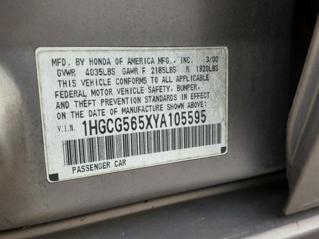 1HGCG565XYA105595 - 2000 HONDA ACCORD EX TAN photo 10