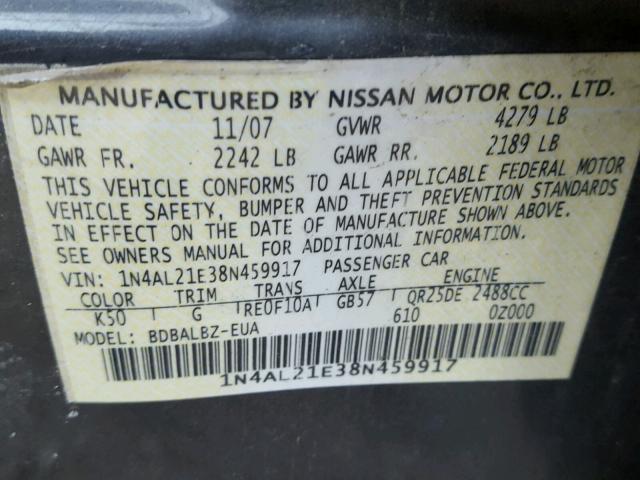 1N4AL21E38N459917 - 2008 NISSAN ALTIMA 2.5 GRAY photo 10