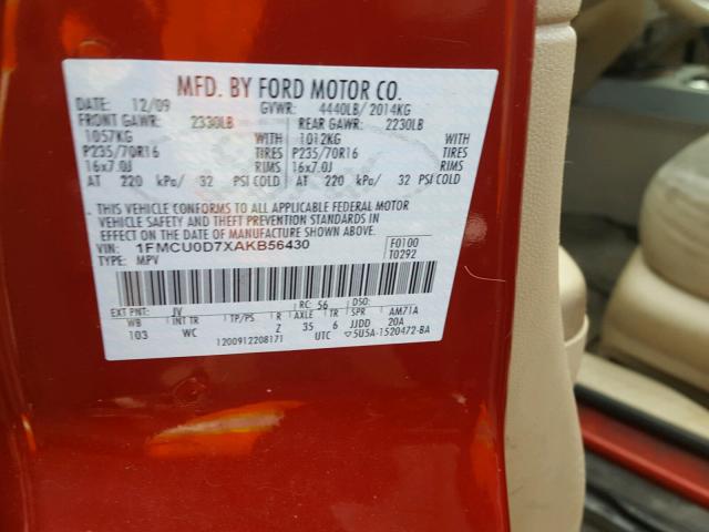 1FMCU0D7XAKB56430 - 2010 FORD ESCAPE XLT RED photo 10