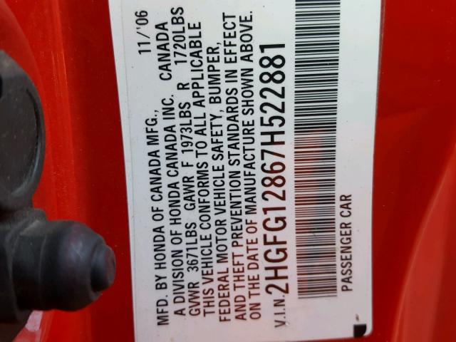 2HGFG12867H522881 - 2007 HONDA CIVIC EX RED photo 10