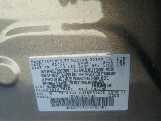 3N1CN7AP1HK431926 - 2017 NISSAN VERSA S CHARCOAL photo 10