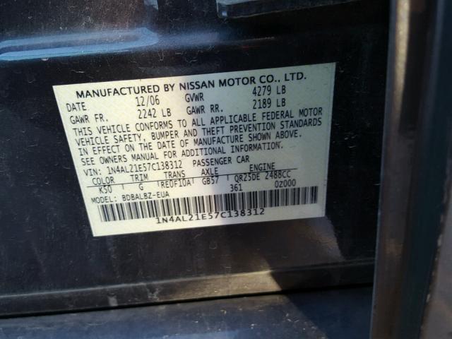 1N4AL21E57C138312 - 2007 NISSAN ALTIMA 2.5 GRAY photo 10