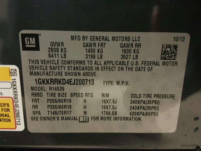 1GKKRRKD4EJ200713 - 2014 GMC ACADIA SLT ნაცრისფერი ფოტო 10