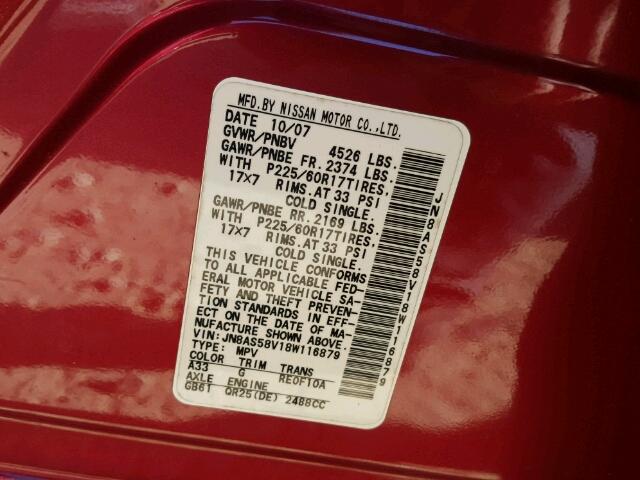 JN8AS58V18W116879 - 2008 NISSAN ROGUE S RED photo 10