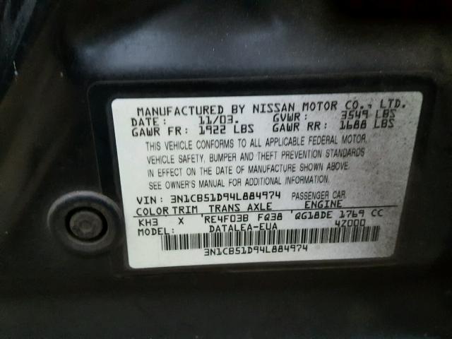 3N1CB51D94L884974 - 2004 NISSAN SENTRA 1.8 BLACK photo 10