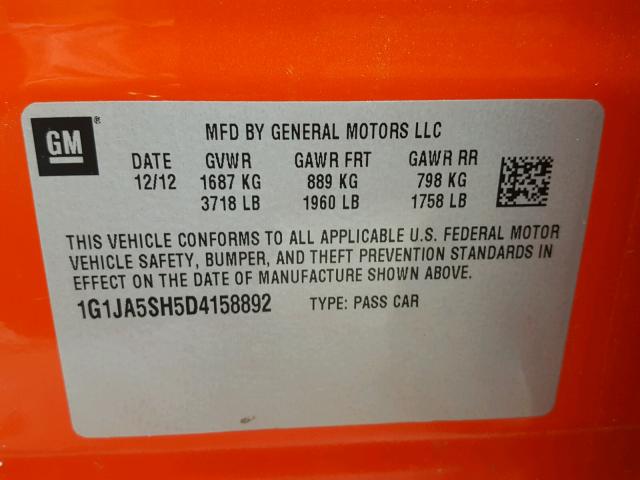 1G1JA5SH5D4158892 - 2013 CHEVROLET SONIC LS 橙色 照片 10