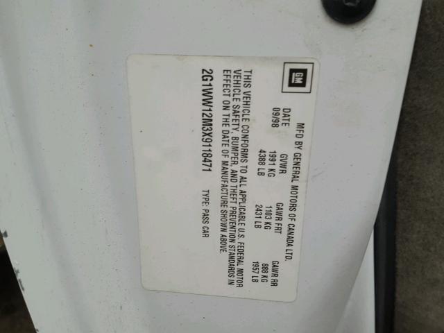 2G1WW12M3X9118471 - 1999 CHEVROLET MONTE CARL თეთრი ფოტო 10