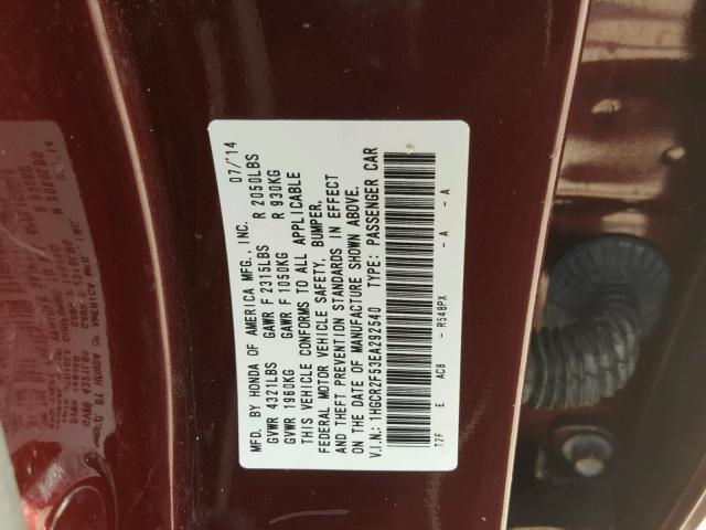 1HGCR2F53EA292540 - 2014 HONDA ACCORD SPO BURGUNDY photo 10