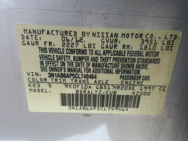 3N1AB6AP5CL749464 - 2012 NISSAN SENTRA 2.0 SILVER photo 10