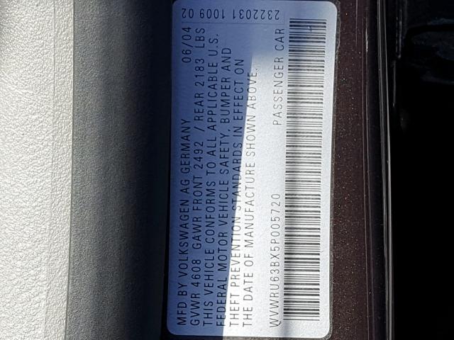 WVWRU63BX5P005720 - 2005 VOLKSWAGEN PASSAT GLX BROWN photo 10