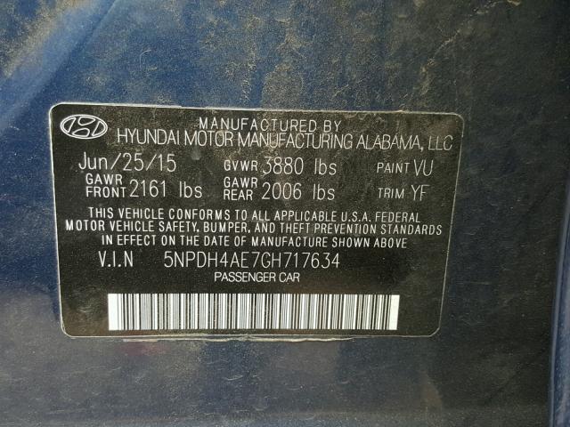 5NPDH4AE7GH717634 - 2016 HYUNDAI ELANTRA SE BLUE photo 10