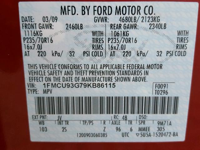 1FMCU93G79KB86115 - 2009 FORD ESCAPE XLT RED photo 10