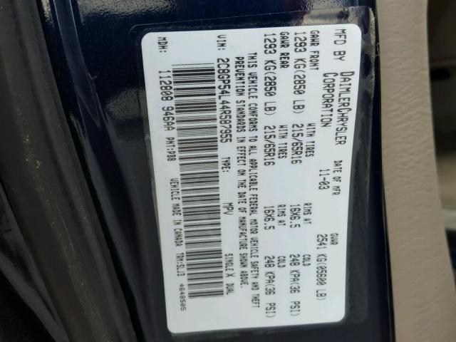 2C8GP54L44R587955 - 2004 CHRYSLER TOWN & COU BLUE photo 10