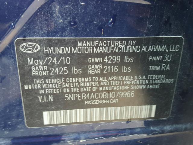 5NPEB4AC0BH079966 - 2011 HYUNDAI SONATA GLS BLUE photo 10