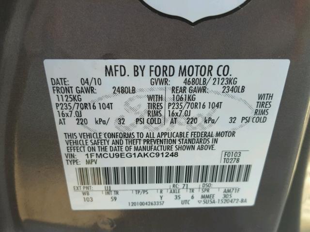 1FMCU9EG1AKC91248 - 2010 FORD ESCAPE LIM GRAY photo 10