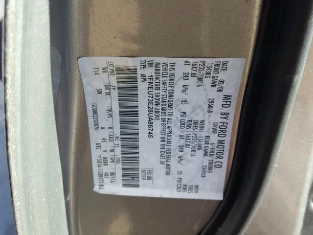 1FMEU73E28UA86745 - 2008 FORD EXPLORER X GRAY photo 10