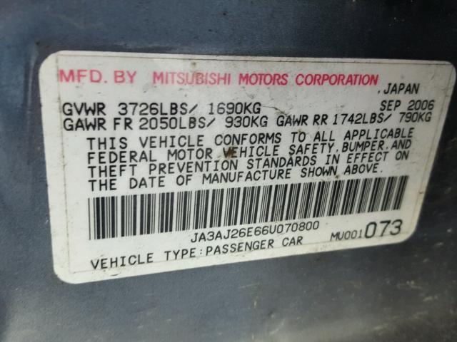 JA3AJ26E66U070800 - 2006 MITSUBISHI LANCER ES SILVER photo 10