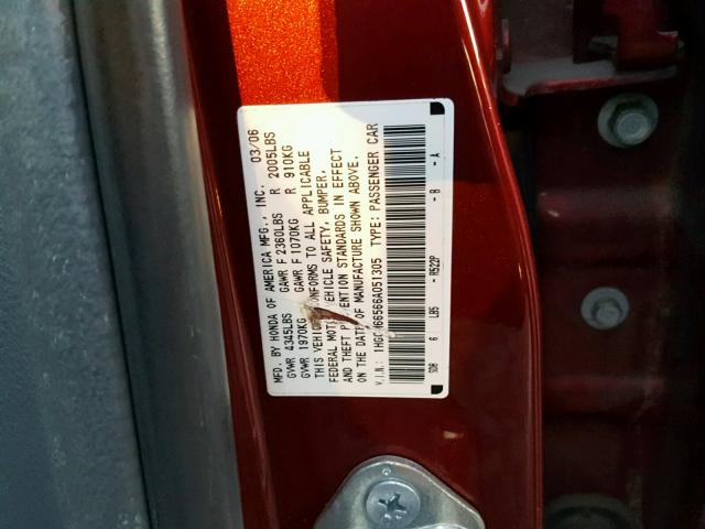 1HGCM66566A051305 - 2006 HONDA ACCORD EX 红色 照片 10