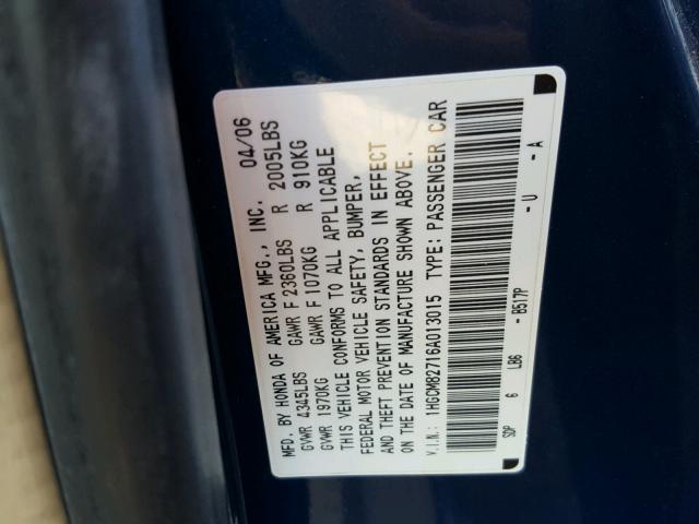 1HGCM82716A013015 - 2006 HONDA ACCORD EX 蓝色 照片 10