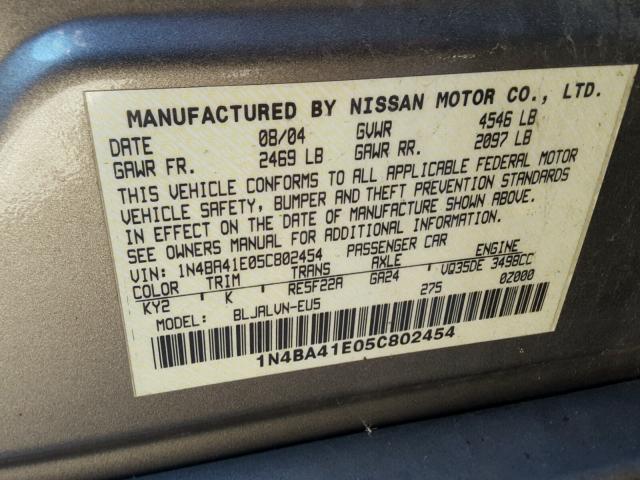 1N4BA41E05C802454 - 2005 NISSAN MAXIMA SE BROWN photo 10