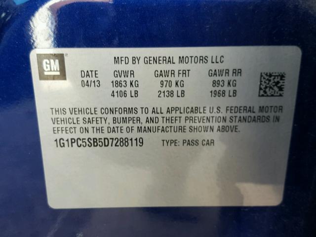 1G1PC5SB5D7288119 - 2013 CHEVROLET CRUZE LT BLUE photo 10