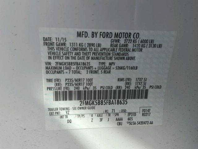 2FMGK5B85FBA18635 - 2015 FORD FLEX SE WHITE photo 10