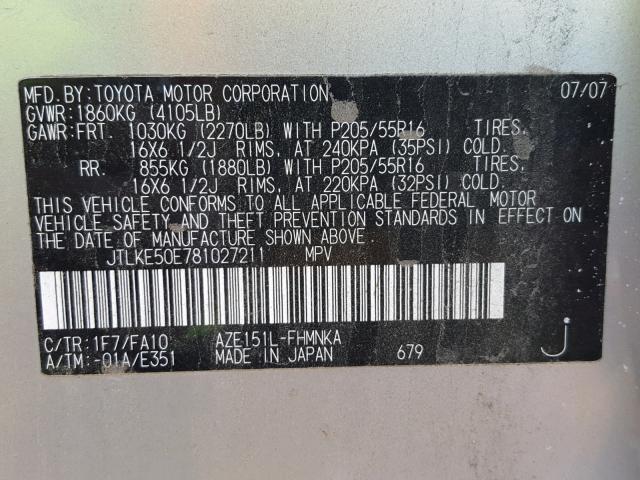 JTLKE50E781027211 - 2008 TOYOTA SCION SILVER photo 10