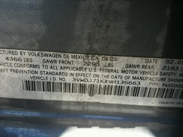 3VWDJ71KX9M135663 - 2009 VOLKSWAGEN GLI GRAY photo 10