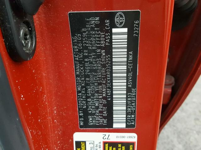 4T4BF3EKXAR035255 - 2010 TOYOTA CAMRY BASE RED photo 10