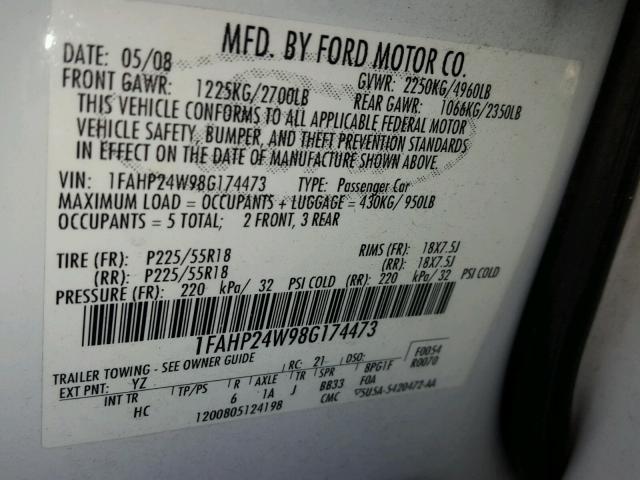 1FAHP24W98G174473 - 2008 FORD TAURUS SEL WHITE photo 10