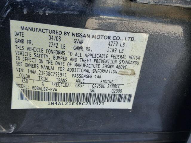 1N4AL21E38C255971 - 2008 NISSAN ALTIMA 2.5 CHARCOAL photo 10