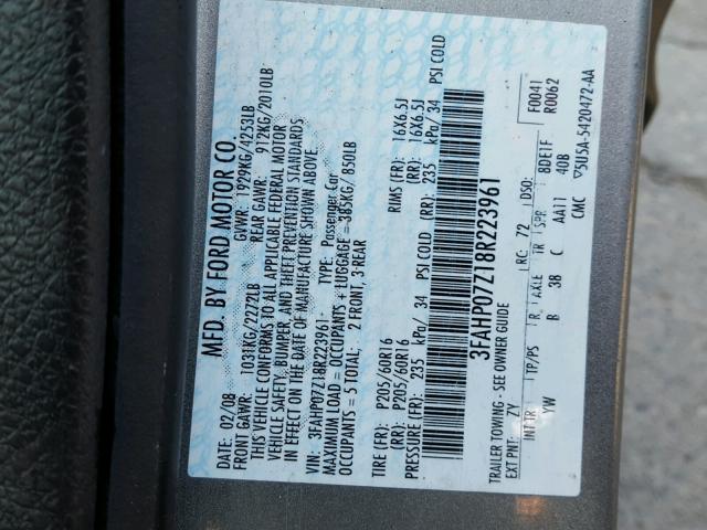 3FAHP07Z18R223961 - 2008 FORD FUSION SE GRAY photo 10