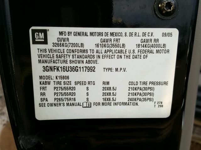 3GNFK16U36G117992 - 2006 CHEVROLET SUBURBAN K BLACK photo 10