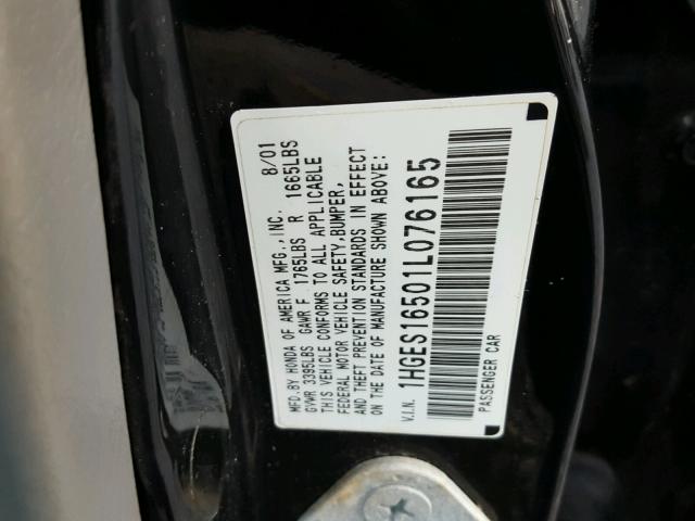 1HGES16501L076165 - 2001 HONDA CIVIC LX BLACK photo 10