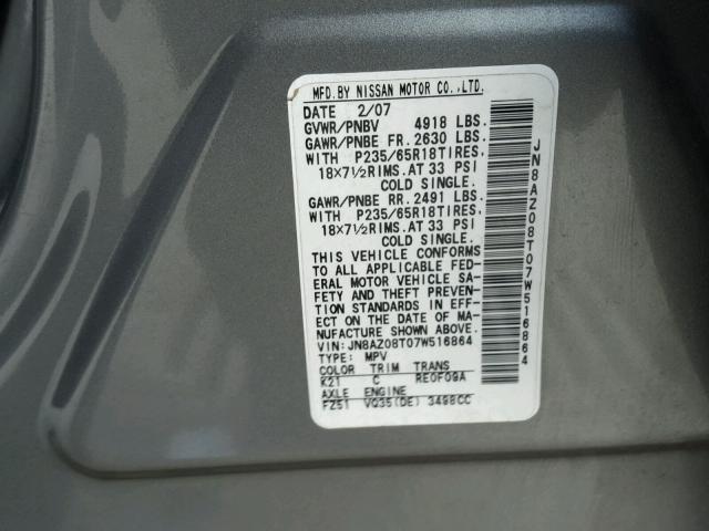 JN8AZ08T07W516864 - 2007 NISSAN MURANO SL SILVER photo 10